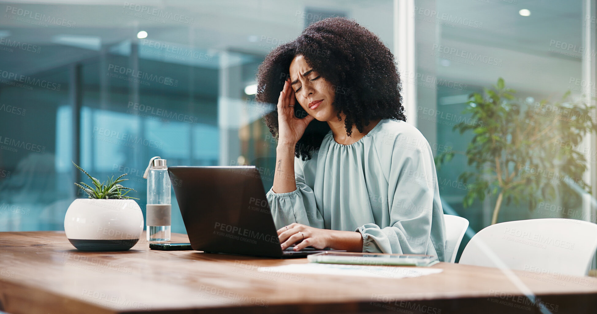 Buy stock photo Woman, headache and laptop with stress in office for mistake, financial crisis or debt. Female person, employee or accountant with migraine or strain on computer for mental health or bankruptcy
