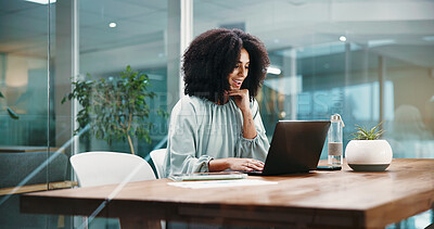 Buy stock photo Business, smile and woman with laptop, thinking and excited with kpi target, achievement or email. Person, computer or employee in workplace, internet or company website with success or profit growth
