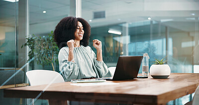 Buy stock photo Fist pump, laptop and success with business woman in office for bonus, good news or milestone. Achievement, celebration and smile of happy employee in workplace for notification of target on computer