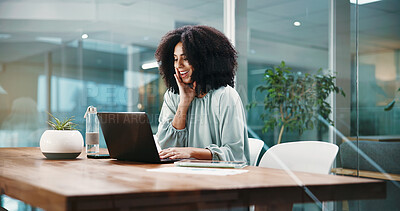 Buy stock photo Business, excited and woman with laptop, thinking and success with kpi target, achievement or email. Person, computer or employee with internet, bonus or company website with smile and profit growth