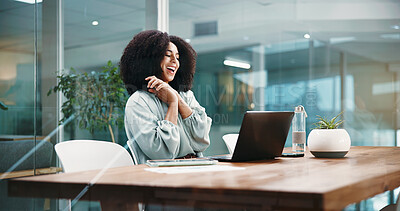 Buy stock photo Laptop, success and surprise with business woman in office for bonus, good news or milestone. Achievement, celebration and wow with happy employee in workplace for notification of target on computer