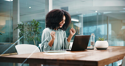 Buy stock photo Celebration, fist pump and laptop with business woman in office for bonus, good news or milestone. Achievement, smile and success with happy employee at work for notification of target on computer