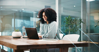 Buy stock photo Business, smile and woman in office, laptop and email with online reading, connection and budget report. Person, financial agency or employee in workplace, pc or internet with trading or stock market