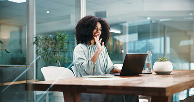Buy stock photo Video call, wave or businesswoman with laptop in office for finance consulting or online briefing. Smile, hello or happy financial advisor in webinar for accounting review, greeting or virtual advice