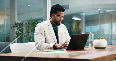 Buy stock photo Businessman, laptop and typing for planning, feedback and schedule in office. Employee, HR manager and person with computer, thinking and project management for research proposal or report review