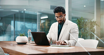 Buy stock photo Businessman, laptop and tablet for thinking, feedback and schedule in office. Employee, HR manager and person with technology, planning and project management for research proposal or report review