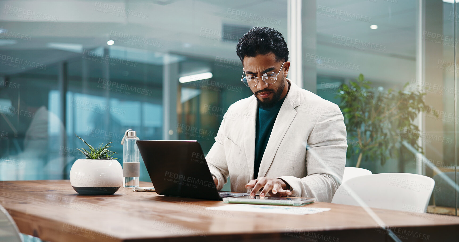 Buy stock photo Businessman, laptop and tablet for thinking, feedback and schedule in office. Employee, HR manager and person with technology, planning and project management for research proposal or report review