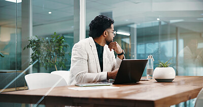 Buy stock photo Thinking, employee and man with laptop in office, opportunity and serious for business plan and app. Reflection, entrepreneur and person with tech for proposal, funding and strategy for investment