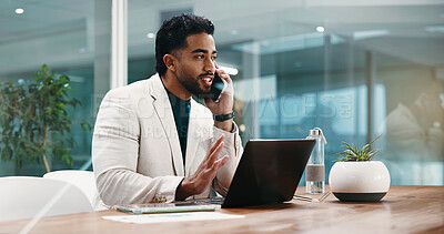 Buy stock photo Businessman, laptop and phone call at office with finance review, smile and discussion at job. Person, accountant and smartphone with computer for negotiation, feedback and networking at company