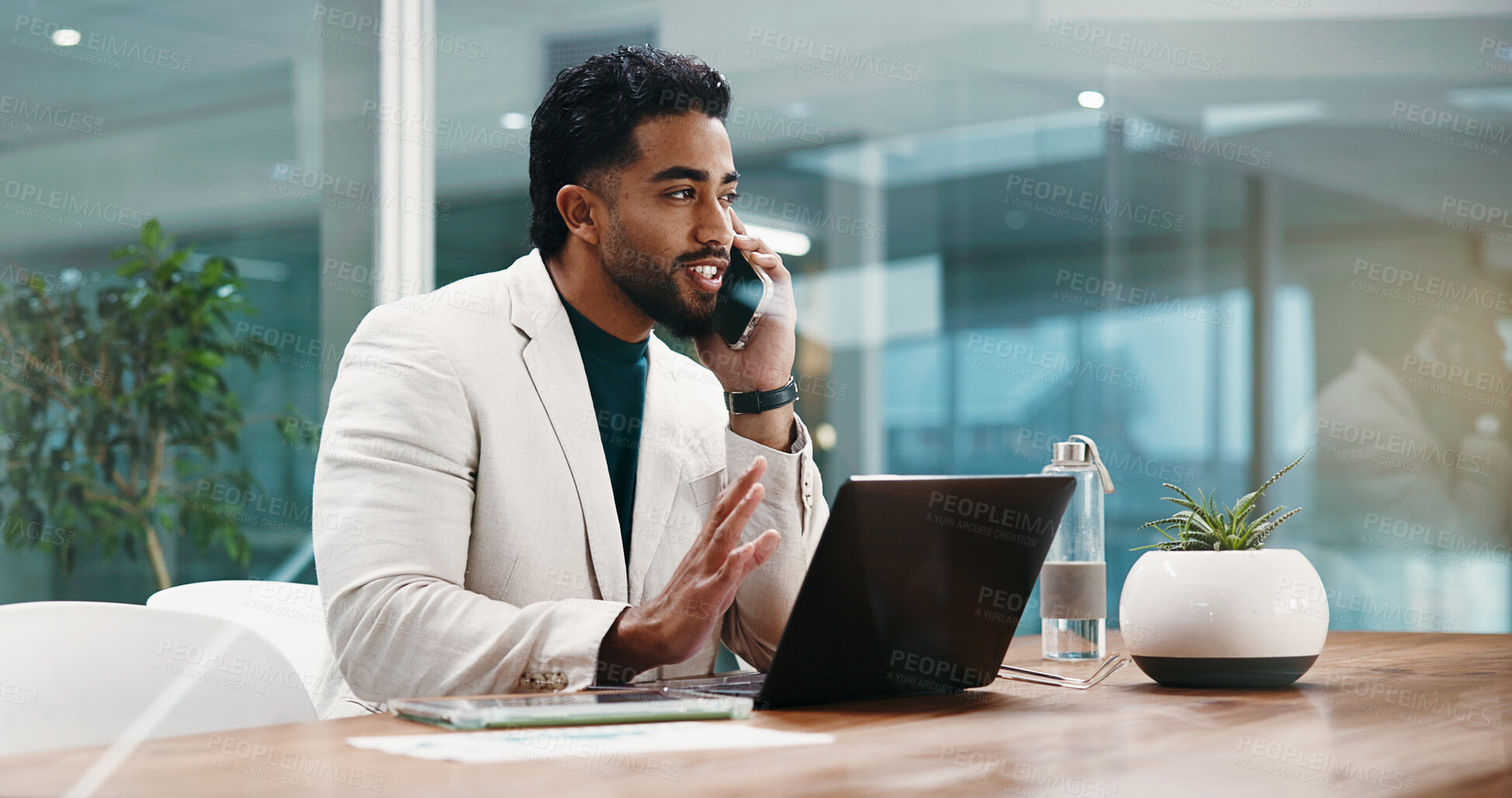 Buy stock photo Businessman, laptop and phone call at office with finance review, smile and discussion at job. Person, accountant and smartphone with computer for negotiation, feedback and networking at company