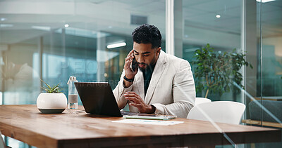 Buy stock photo Businessman, phone call and laptop for appointment, feedback and schedule in office. Employee, HR manager and person with discussion, planning and project management for research proposal or report