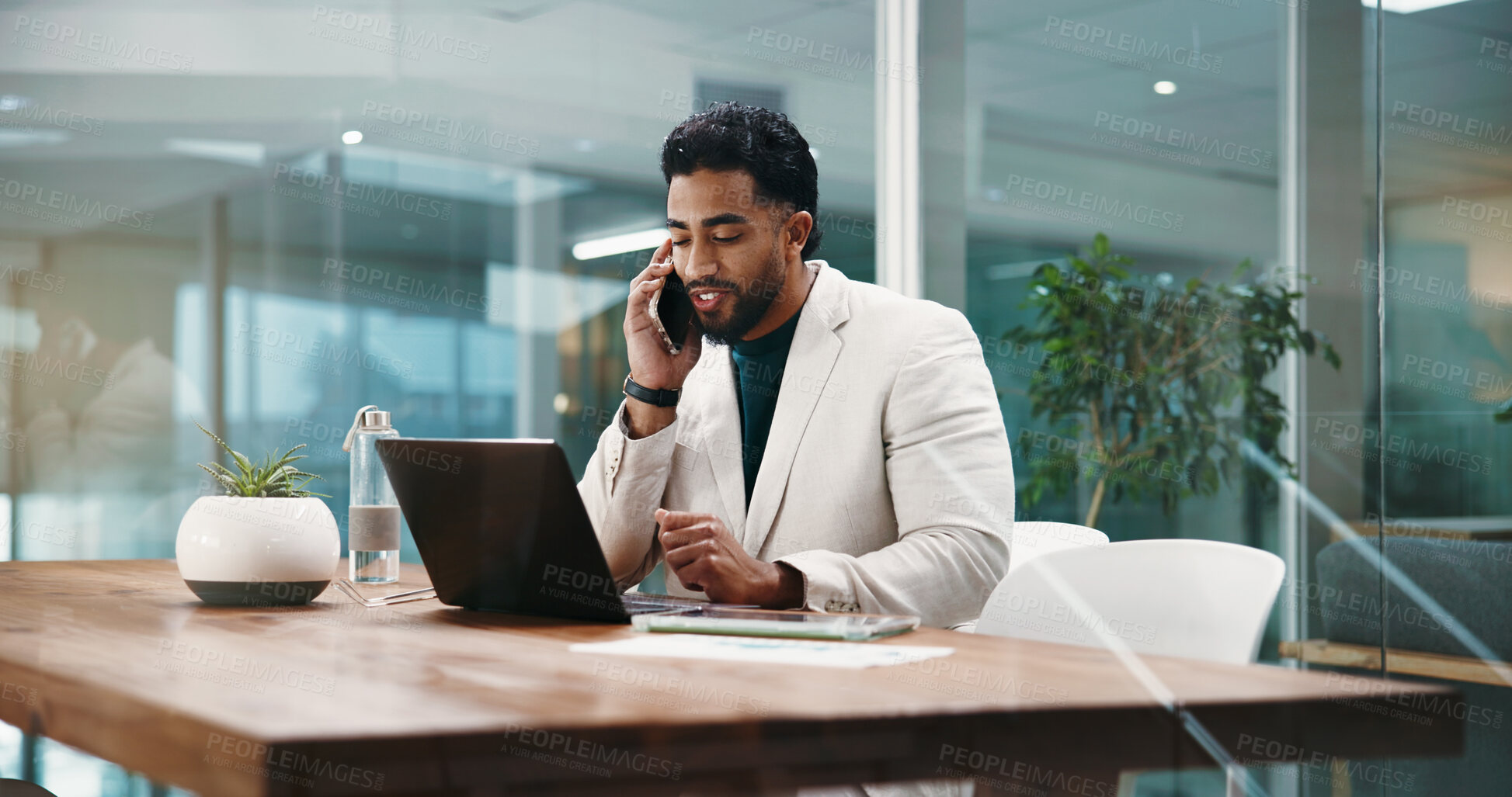 Buy stock photo Man, laptop and phone call at night with finance review, discussion and networking at office. Person, accountant and smartphone with computer for overtime, feedback or contact for planning at company