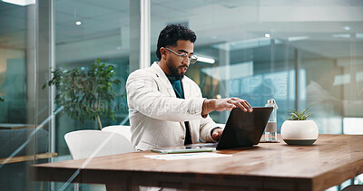 Buy stock photo Businessman, laptop and reading for planning, feedback and schedule in office. Employee, HR manager and person with computer, corporate and project management for research proposal or report review