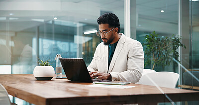 Buy stock photo Businessman, laptop and typing at night with finance review, problem solving and stats report at office. Person, accountant and click computer with overtime, feedback and analysis results at company