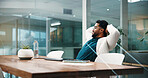 Businessman, relax and done with break in office for project completion, accounting or done. Man, accountant or financial analyst stretching with smile or technology for finished tasks in workplace