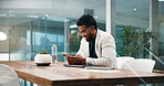 Businessman, phone and night at office for finance career with texting, smile and done with project. Person, smartphone and scroll on mobile app, notification or overtime with social media at agency