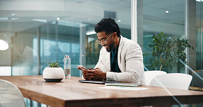 Buy stock photo Businessman, phone and smile at office for finance career with texting, chat and done with project. Person, smartphone and scroll on mobile app, notification and happy with social media at agency