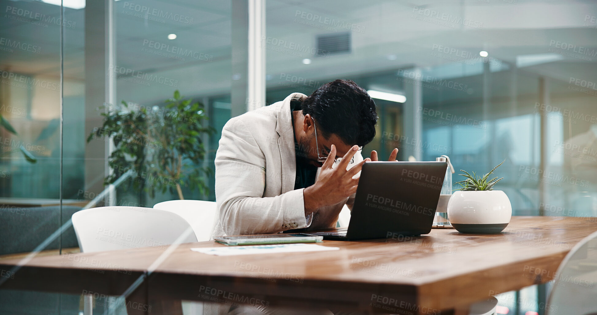 Buy stock photo Frustrated, pressure and man with laptop in office, mental health and auditor with financial crisis. Anxious, business analyst and person with stress for deadline, tech or digital report with mistake