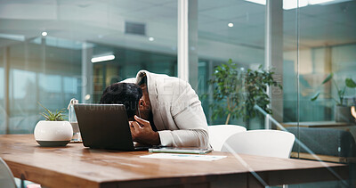 Buy stock photo Frustrated, employee and man with laptop in office, mental health and auditor with financial crisis. Anxious, business analyst and person with stress for deadline, tech or digital report with mistake