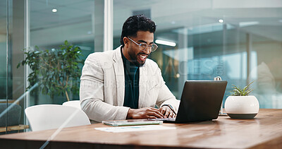 Buy stock photo Business, smile and man with laptop, thinking and email with KPI target, achievement and internet. Person, computer or employee in workplace, goals or online reading with success or profit growth