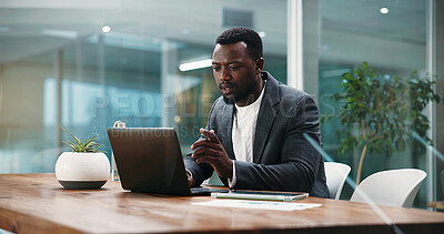 Buy stock photo Worried, employee and man with laptop in office, accountant and mistake on financial report and web. Thinking, bookkeeper and black person with research for audit, serious and confused with tech