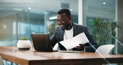 Buy stock photo Businessman, documents and smile at night with finance review, stats and profit report at office. African person, broker and happy with paperwork for overtime, feedback or revenue results at agency