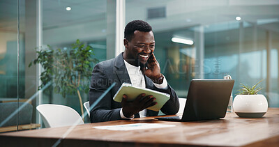 Buy stock photo Businessman, laptop and tablet at night with finance review, smile and profit report at office. African person, broker and tech with application for overtime, feedback or revenue results at agency