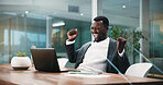 Fist pump, laptop and success with business black man in office for bonus, good news or milestone. Achievement, celebration and smile of African employee at work for notification of goals on computer