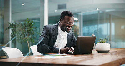 Buy stock photo Business, excited and black man with laptop, success and profit growth with investment, internet or email. African person, PC or happy employee in office, trading or smile with achievement and goals