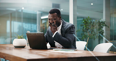 Buy stock photo Laptop, surprise and winner with business black man in office for investment profit, account growth and success. Capital gains, payout and portfolio manager with person in finance agency for news