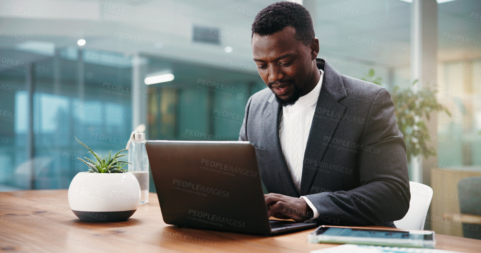 Buy stock photo Laptop, research and black man in office with finance project for online client with investment proposal. Technology, typing and African financial manager with computer for budget report in workplace
