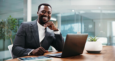 Buy stock photo Portrait, business and black man laugh with laptop in office as corporate wealth consultant. African person, computer and confident worker with smile, about us and funny financial advisor from Kenya