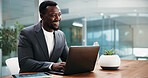Laptop, thinking and business black man in office with ideas for proposal, finance report or strategy. Corporate, financial consultant and person on computer for problem solving, solution or insights