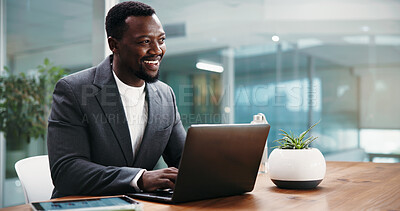 Buy stock photo Laptop, thinking and business black man in office with ideas for proposal, finance report or strategy. Corporate, financial consultant and person on computer for problem solving, solution or insights