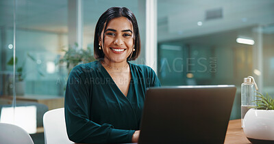 Buy stock photo Portrait, laptop and happy business woman in office as  wealth consultant with pride. Person, computer and confident worker with smile, about us and ambition as financial advisor from Portugal