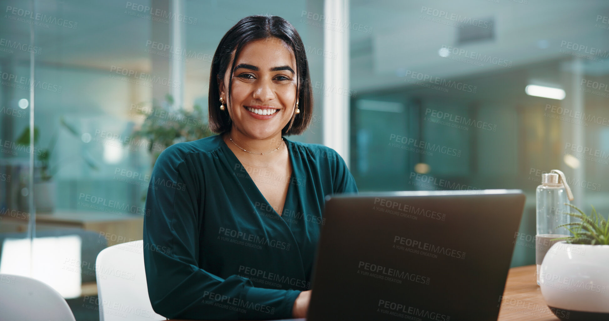 Buy stock photo Portrait, laptop and happy business woman in office as  wealth consultant with pride. Person, computer and confident worker with smile, about us and ambition as financial advisor from Portugal