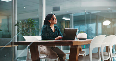 Buy stock photo Laptop, thinking and business woman in office with ideas for proposal, finance report or strategy. Corporate, financial consultant and person on computer for problem solving, solution or insights