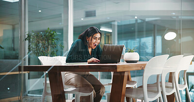 Buy stock photo Laptop, surprise and profit with business woman in office for investment success, account growth and winner. Capital gains, bonus payout and portfolio manager with person in finance agency for news