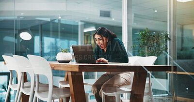 Buy stock photo Laptop, surprise and success with business woman in office for investment profit, account growth and winner. Capital gains, bonus payout and portfolio manager with person in finance agency for news