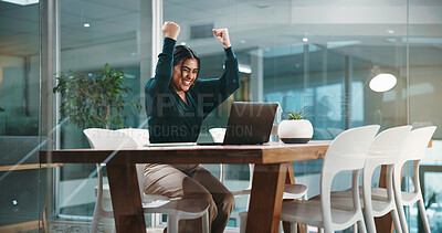 Buy stock photo Bonus, fist pump and laptop with business woman in office for goals, good news or milestone. Achievement, celebration and smile of Indian employee in workplace for notification of target on computer