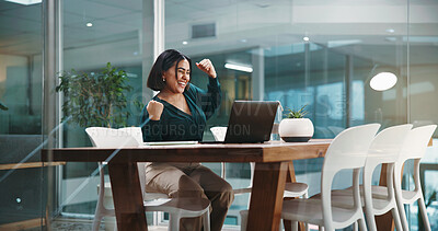Buy stock photo Laptop, fist pump and success with business woman in office for investment profit, account growth and winner. Capital gains, bonus payout and portfolio manager with person in finance agency for news