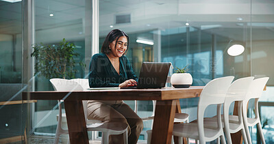 Buy stock photo Laptop, research and smile with business woman in office for social media agency, branding and email. Marketing campaign, project launch and client feedback with person in startup for planning