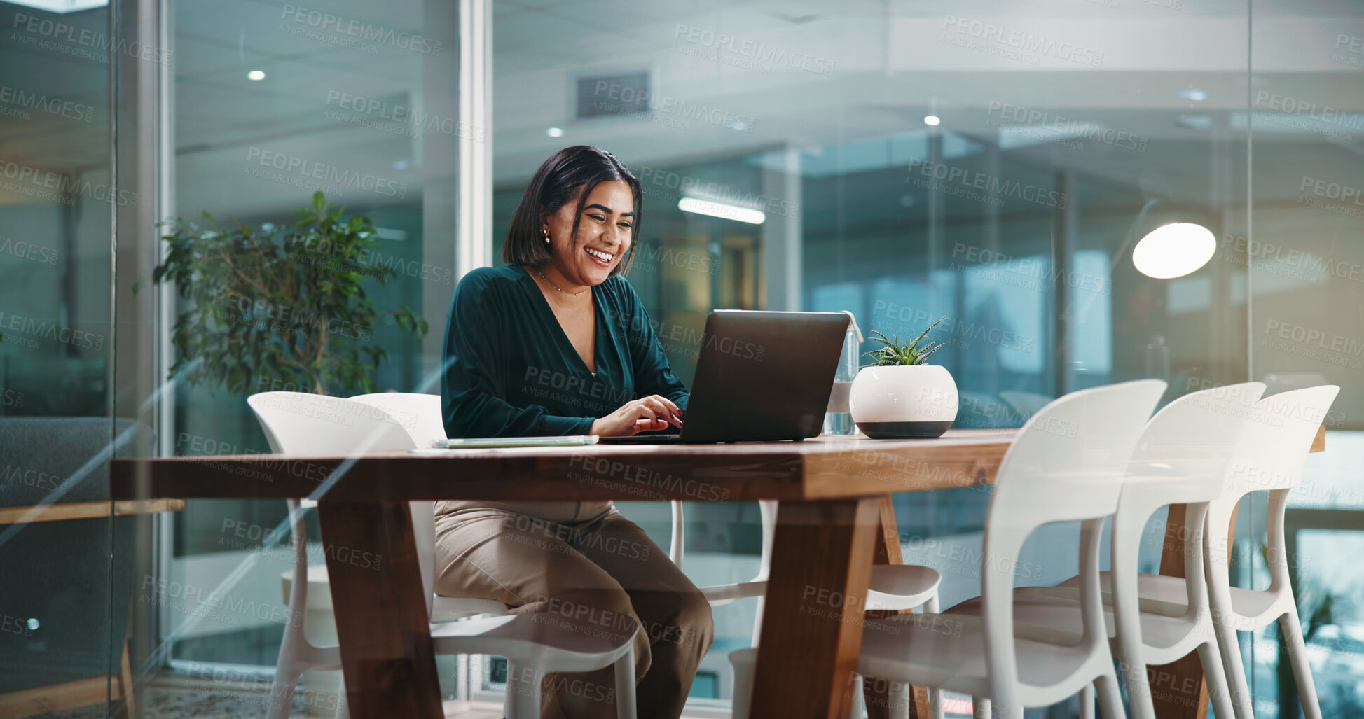 Buy stock photo Laptop, research and smile with business woman in office for social media agency, branding and email. Marketing campaign, project launch and client feedback with person in startup for planning