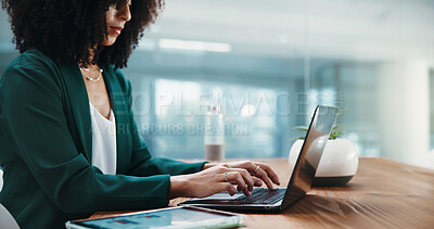 Buy stock photo Woman, laptop and typing at office with financial analysis, report and feedback with data at night. Person, broker or investor with computer for revenue review, stats and market research at agency