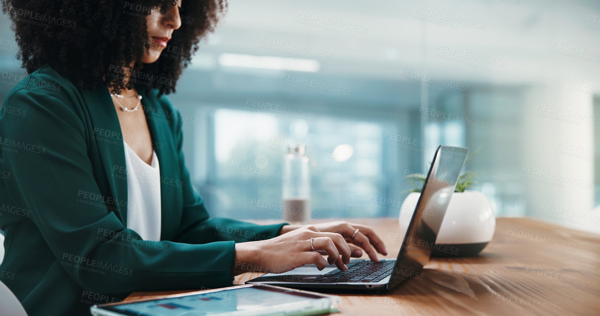 Buy stock photo Woman, laptop and typing at office with financial analysis, report and feedback with data at night. Person, broker or investor with computer for revenue review, stats and market research at agency