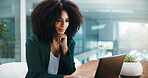 Thinking, laptop and businesswoman in office with research for ideas on investment proposal. Email, computer and female financial manager with planning for corporate budget report in workplace.