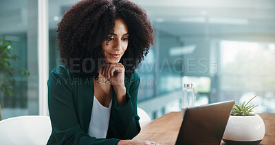 Buy stock photo Thinking, laptop and businesswoman in office with research for ideas on investment proposal. Email, computer and female financial manager with planning for corporate budget report in workplace.