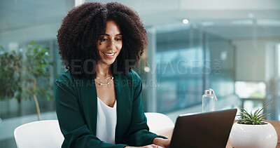 Buy stock photo Laptop, smile and trading with business woman in office for stock market investment or research. Computer, finance and risk management with African broker in corporate workplace for portfolio growth