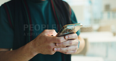 Buy stock photo College, hands and student with phone in classroom for test results, scholarship email or chat. Campus, person and typing on smartphone for university website, online assessment or education schedule