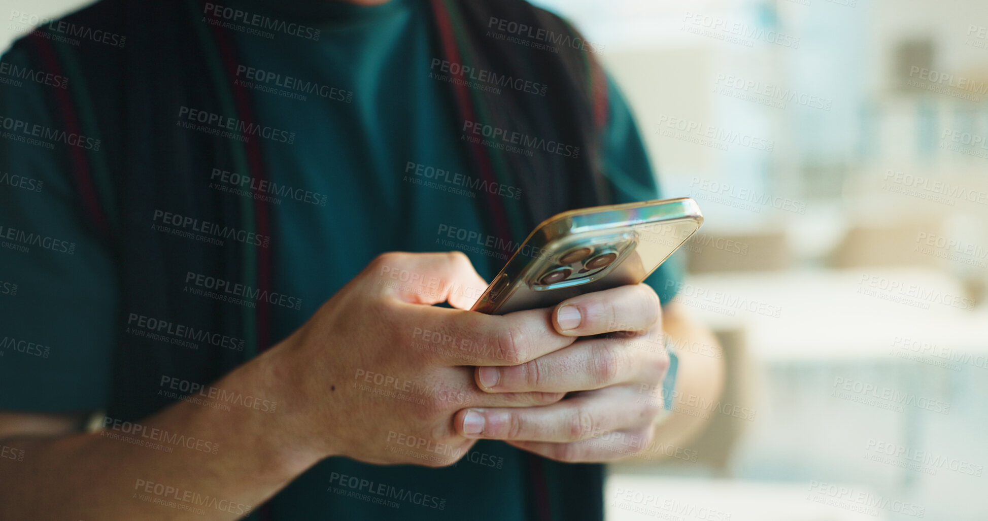 Buy stock photo College, hands and student with phone in classroom for test results, scholarship email or chat. Campus, person and typing on smartphone for university website, online assessment or education schedule